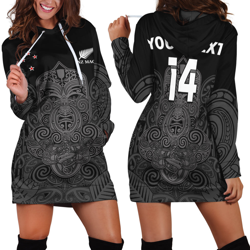 (Custom Text And Number) New Zealand Tiki Rugby Hoodie Dress NZ Maori Koru Pattern LT14 Black - Polynesian Pride