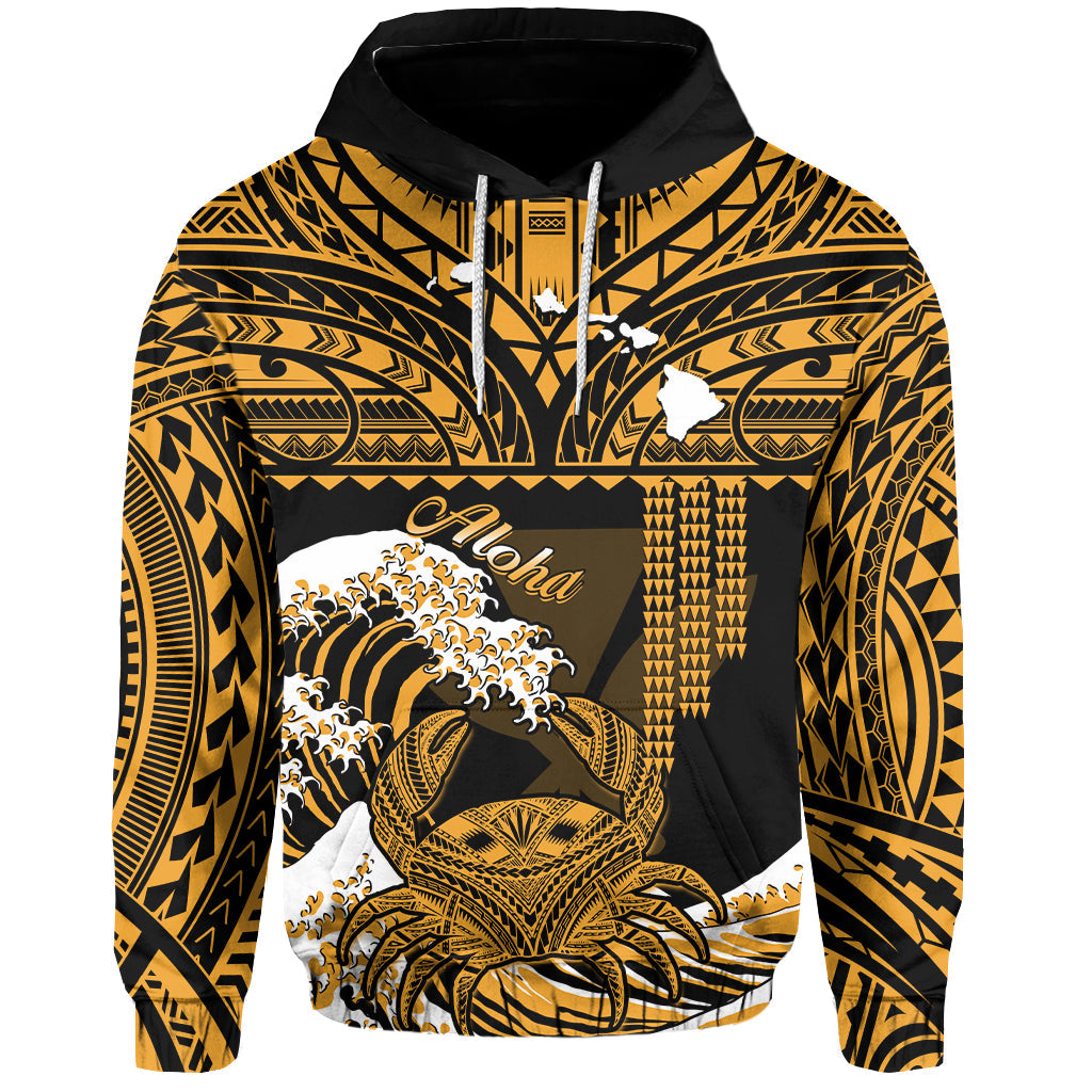 Custom Hawaii Hoodie Kakau Polynesian Crab With Waves Ver.02 LT14 Pullover Hoodie Gold - Polynesian Pride