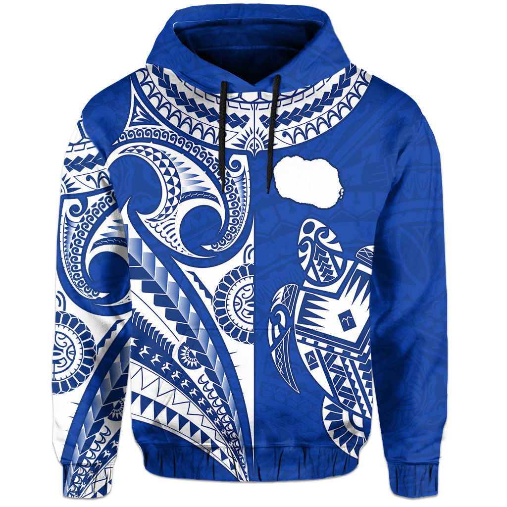 (Custom Text and Number) Rarotonga Cook Islands Hoodie Turtle and Map Style Blue LT13 - Polynesian Pride