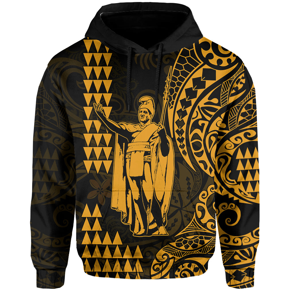 (Custom Text and Number) Hawaii Day Kakau Hoodie Proud To Be Hawaiian Gold King Kamehameha and Kanaka Maoli LT13 - Polynesian Pride