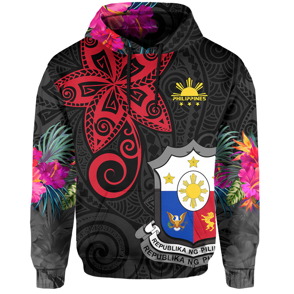 Custom Philippines Hoodie Sun Filipino Polynesian mix Flowers Black Vibe LT13 Pullover Hoodie Black - Polynesian Pride