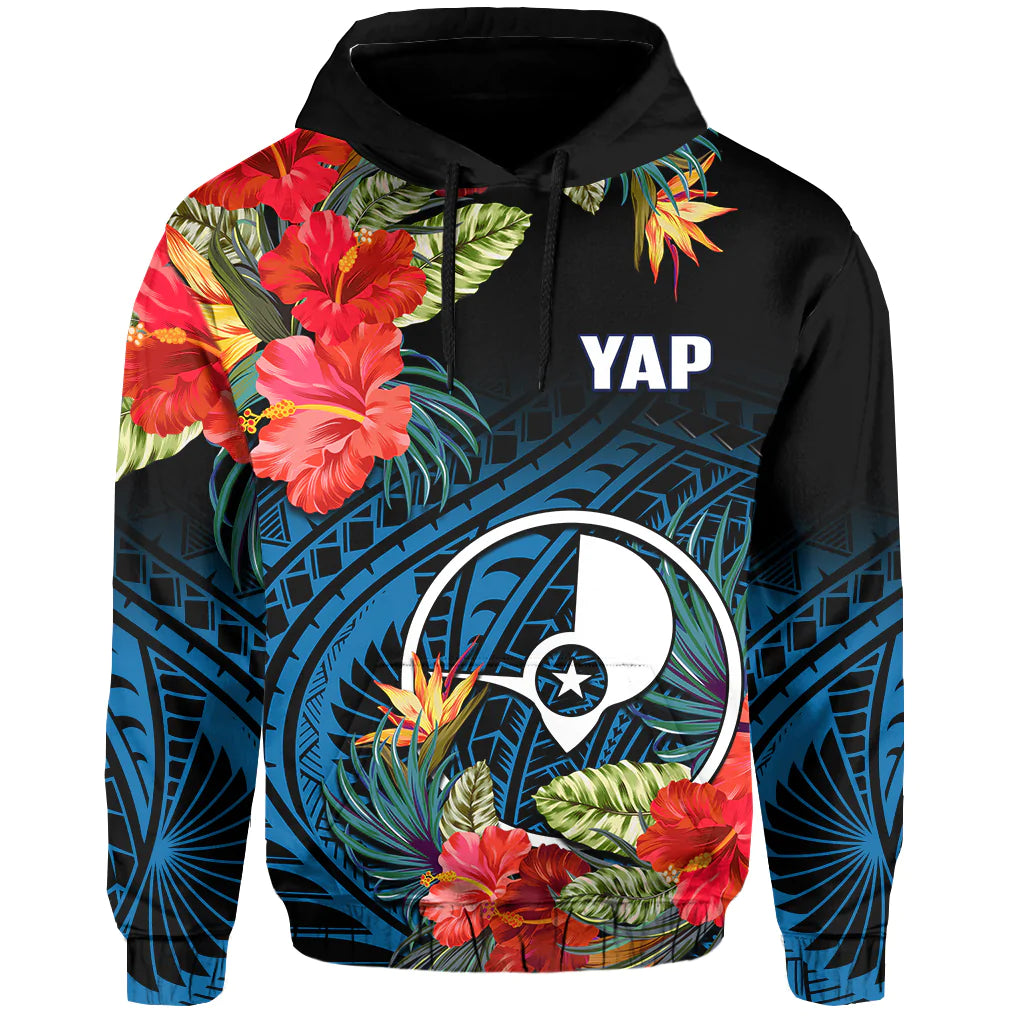 Yap State Hoodie FSM Hibiscus Flowers Mix Polynesian LT14 Pullover Hoodie Blue - Polynesian Pride