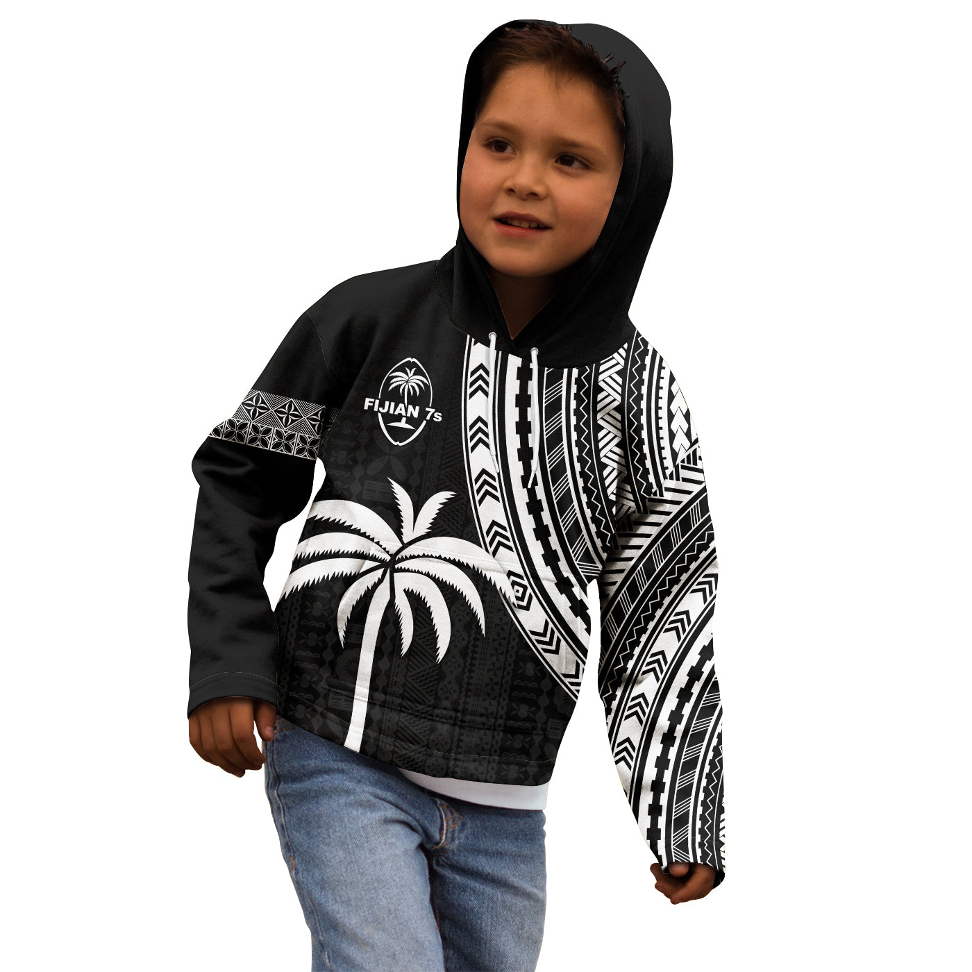 (Custom Text and Number) Fiji Rugby Sevens Hoodie KID Fijian 7s Tapa Polynesian LT13 Black - Polynesian Pride