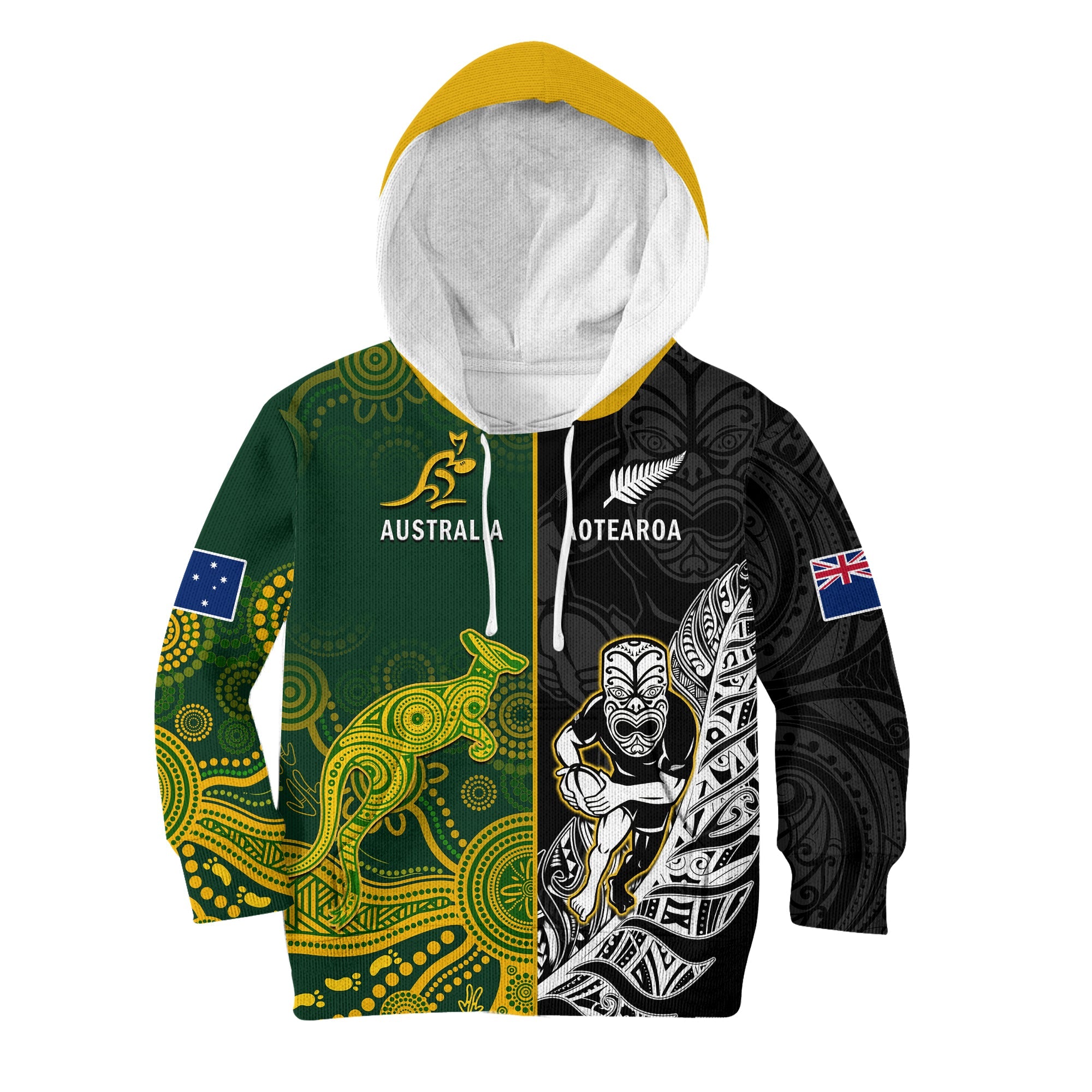 (Custom Personalised) Australia Rugby Mix Aotearoa Rugby Hoodie KID Wallabies All Black Special Version LT14 Black - Polynesian Pride