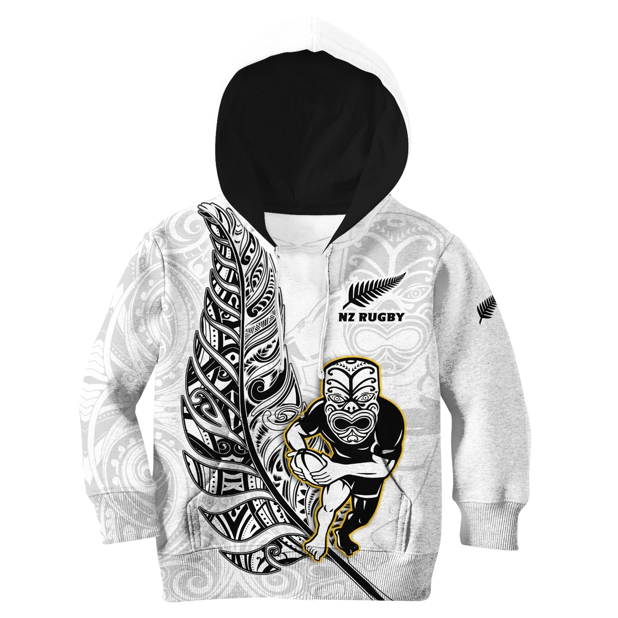 (Custom Text And Number) New Zealand Silver Fern Rugby Hoodie KID All Black Maori Version White LT14 White - Polynesian Pride