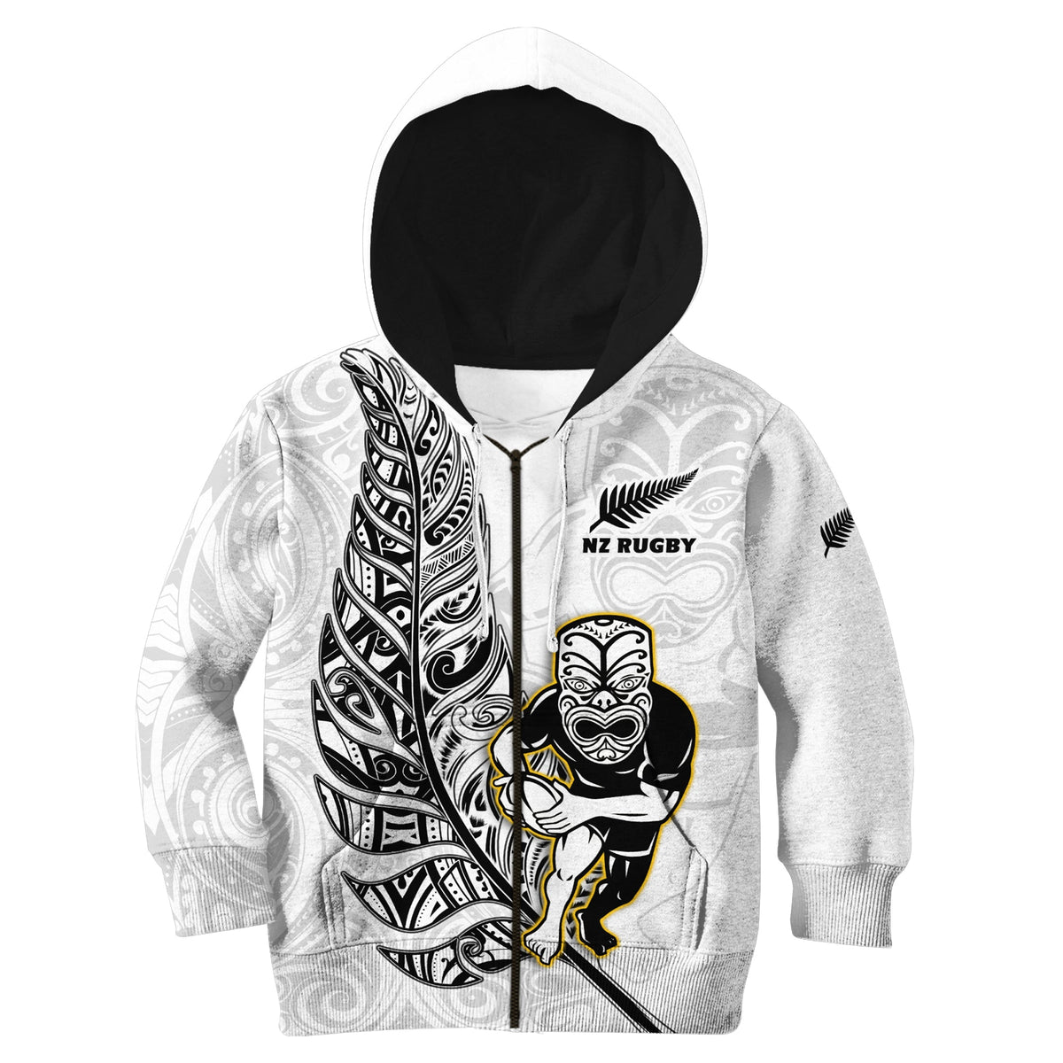 New Zealand Silver Fern Rugby Hoodie KID All Black Maori Version White LT14 - Polynesian Pride