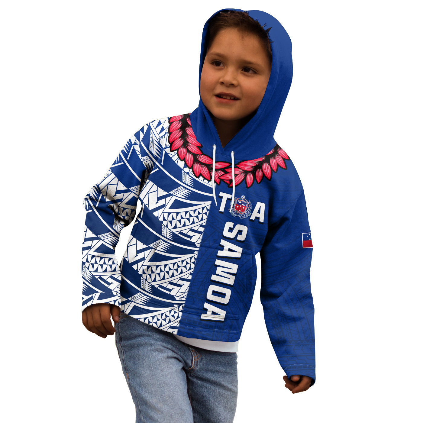 (Custom Text and Number) Toa Samoa Rugby Hoodie KID Siamupini Ula Fala Blue LT13 Blue - Polynesian Pride