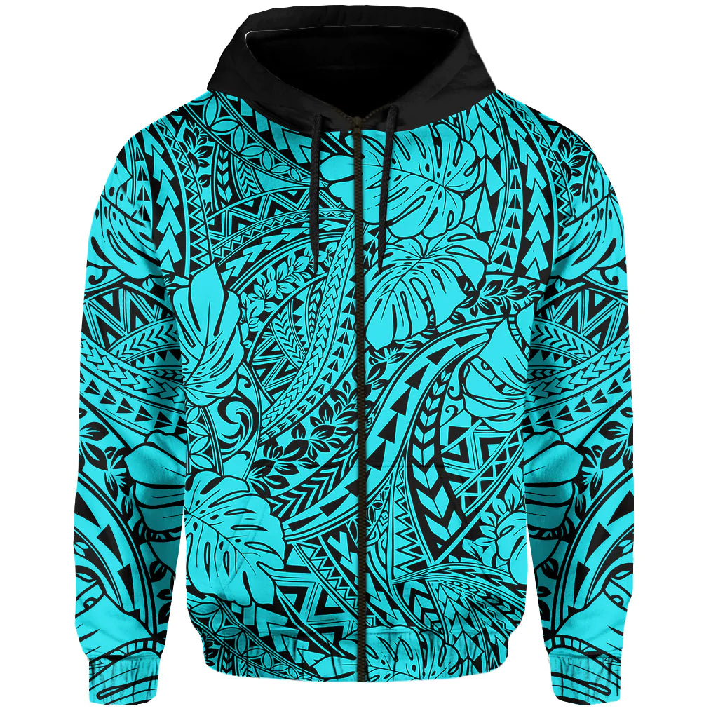 Custom Hawaii Hoodie Polynesian Tribal Art Ver.01 LT14 Zip Hoodie Turquoise - Polynesian Pride