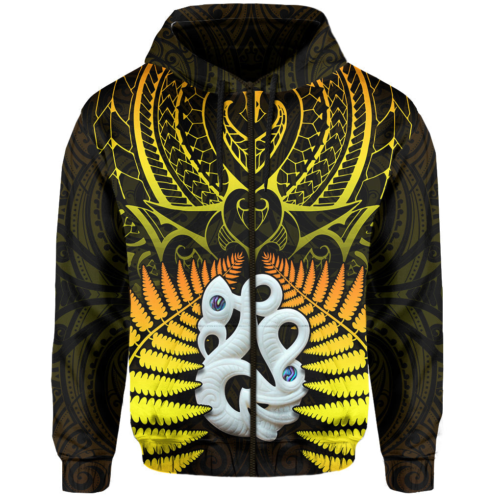 Aotearoa Fern Hoodie New Zealand Hei Tiki Gold Style LT13 Zip Hoodie Gold - Polynesian Pride