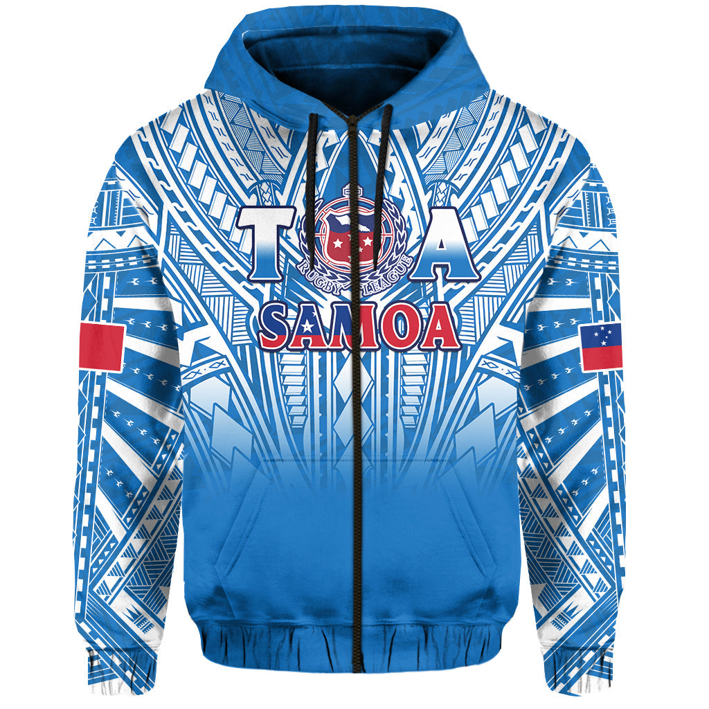 (Custom Text and Number) Samoa Rugby Hoodie Personalise Toa Samoa Polynesian Pacific Blue Version LT14 Zip Hoodie Blue - Polynesian Pride