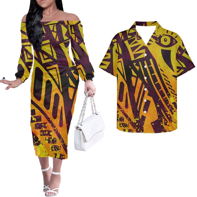 Hawaii Polynesian Matching Outfits For Couple Combo Long Sleeve Dress And Hawaiian Shirt Yellow - Polynesian Pride