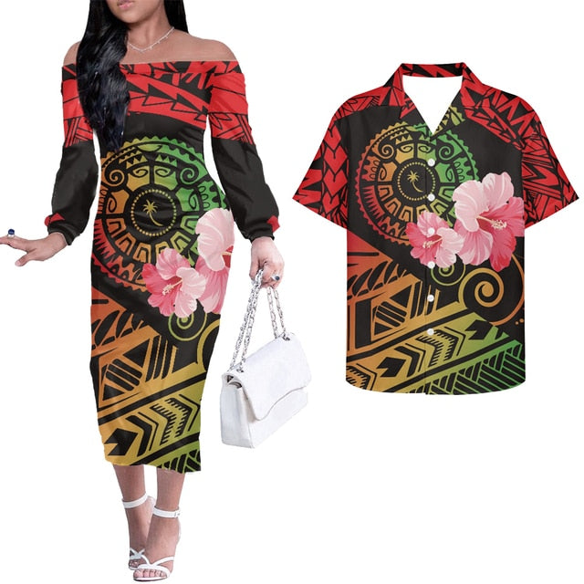 Colorful Hawaii Hibiscus Flowers Matching Hawaiian Outfits For Couple Combo Long Sleeve Dress And Hawaiian Shirt Art - Polynesian Pride