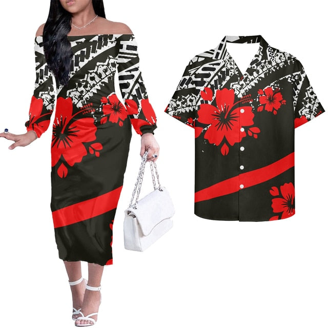 Hawaii Hibiscus Tribal Polynesian Matching Tropical Outfits For Couple Combo Long Sleeve Dress And Hawaiian Shirt Black - Polynesian Pride