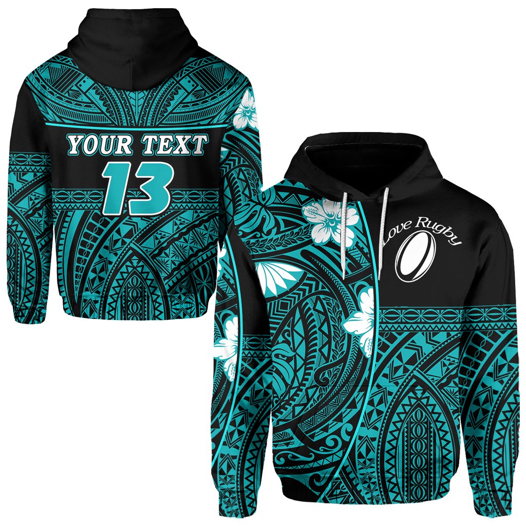 Custom Polynesian Rugby Hoodie Love Turquoise Custom Text and Number Unisex Turquoise - Polynesian Pride