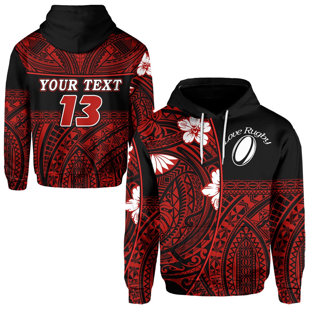 Custom Polynesian Rugby Hoodie Love Red Custom Text and Number Unisex Red - Polynesian Pride