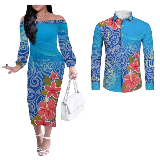 Hawaiian Flower Couples Matching Hawaiian Outfits Polynesian Long Sleeve Dress And Long Sleeve Button Shirt Blue Style Blue - Polynesian Pride
