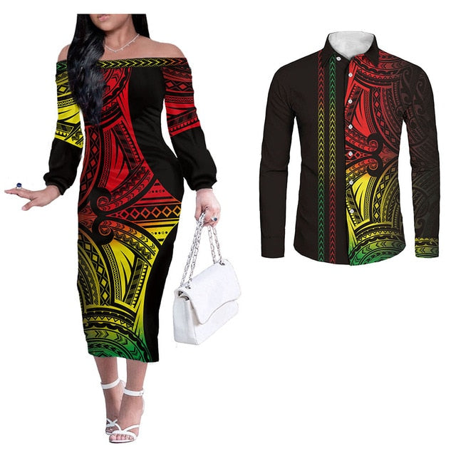 Hawaii Tribal Pattern Couples Matching Hawaiian Outfits Long Sleeve Dress And Long Sleeve Button Shirt Reggae Style Reggae - Polynesian Pride