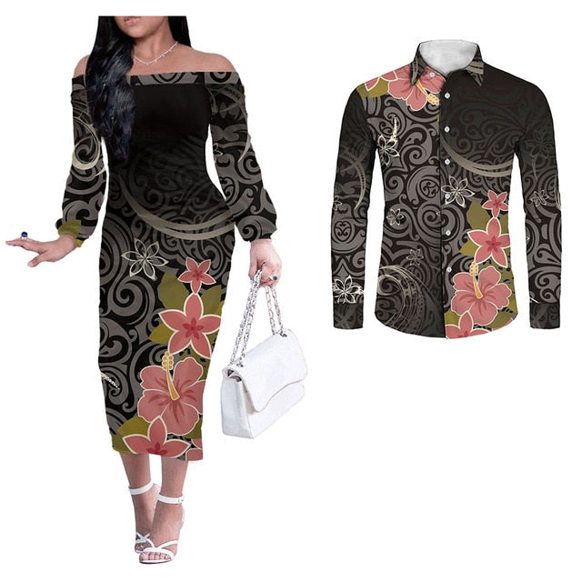 Hawaii Hibiscus Tribal Pattern Couples Hawaiian Outfits Long Sleeve Dress And Long Sleeve Button Shirt Black Style Black - Polynesian Pride