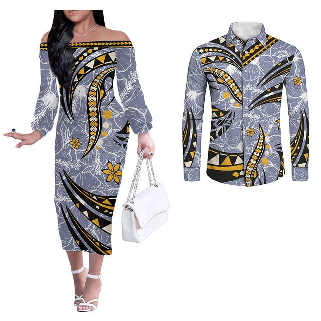Hawaii Plumeria Tribal Pattern Couples Hawaiian Outfits Couple Long Sleeve Dress And Long Sleeve Button Shirt Yellow Style Yellow - Polynesian Pride