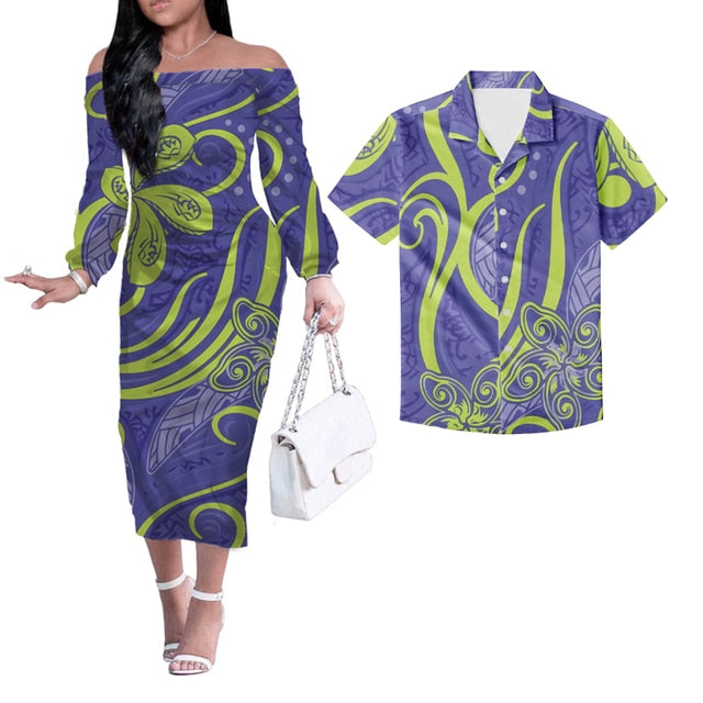 Matching Hawaiian Outfits Hawaii Wave Pattern Long Sleeve Dress And Hawaiian Shirt Pink Style Purple - Polynesian Pride