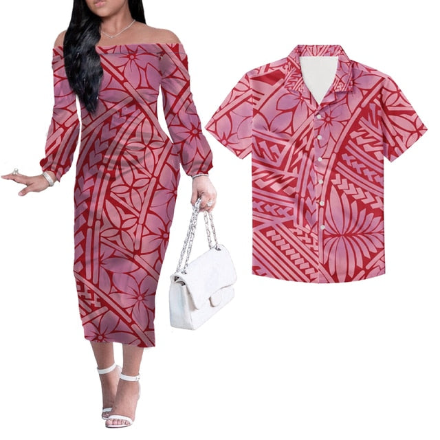 Polynesian Tribal Pattern Couples Matching Hawaiian Outfits Long Sleeve Dress And Hawaiian Shirt Pink Style Pink - Polynesian Pride