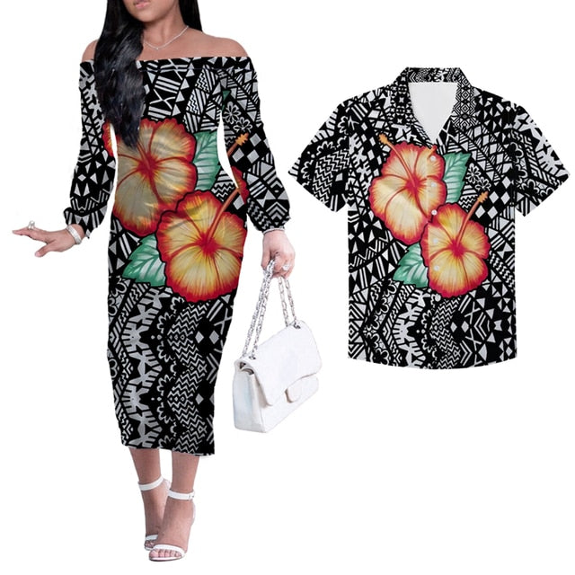 Hawaii Hibiscus Flowers Tribal Pattern Couples Matching Hawaiian Outfits Polynesian Long Sleeve Dress And Hawaiian Shirt Colorful Style Art - Polynesian Pride