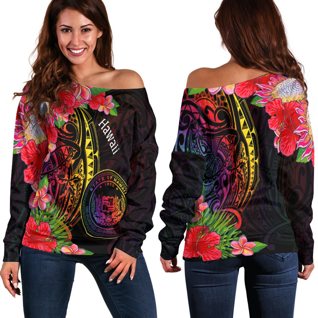 Hawaii Women's Off Shoulder Sweater - Tropical Hippie Style Black - Polynesian Pride