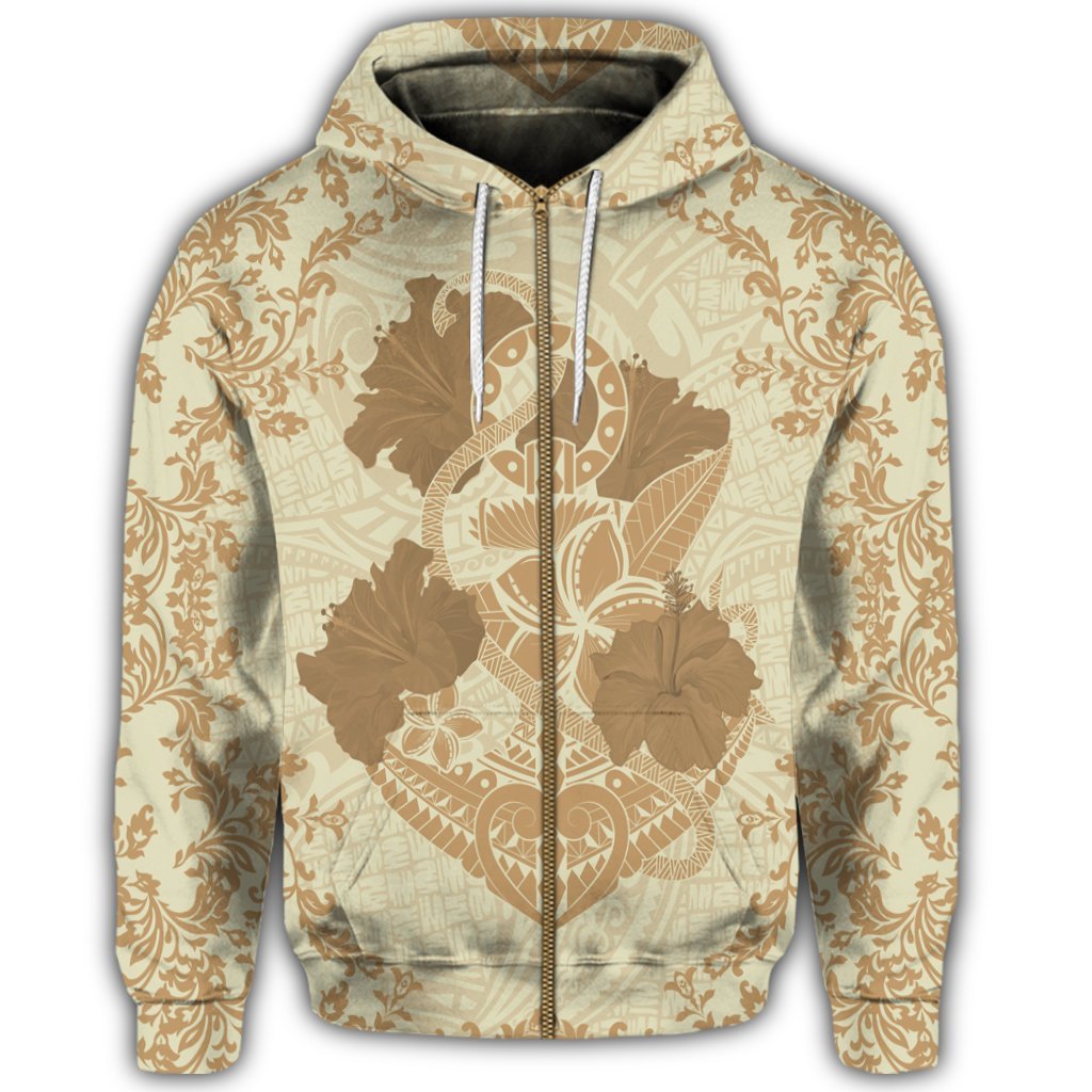 Hawaii Anchor Hibiscus Flower Vintage Zip Hoodie Beige - Polynesian Pride