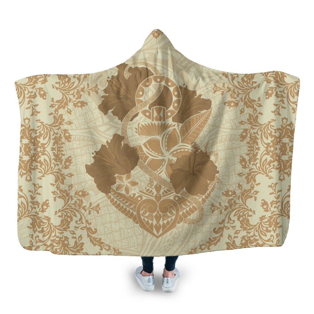 Hawaii Anchor Hibiscus Flower Vintage Hooded Blanket - AH - Beige Hooded Blanket White - Polynesian Pride