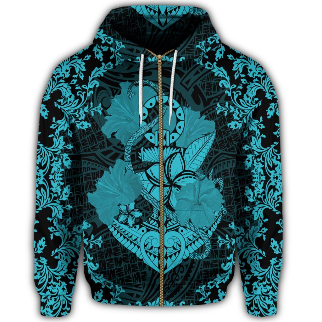 Hawaii Anchor Hibiscus Flower Vintage Zip Hoodie Blue - Polynesian Pride