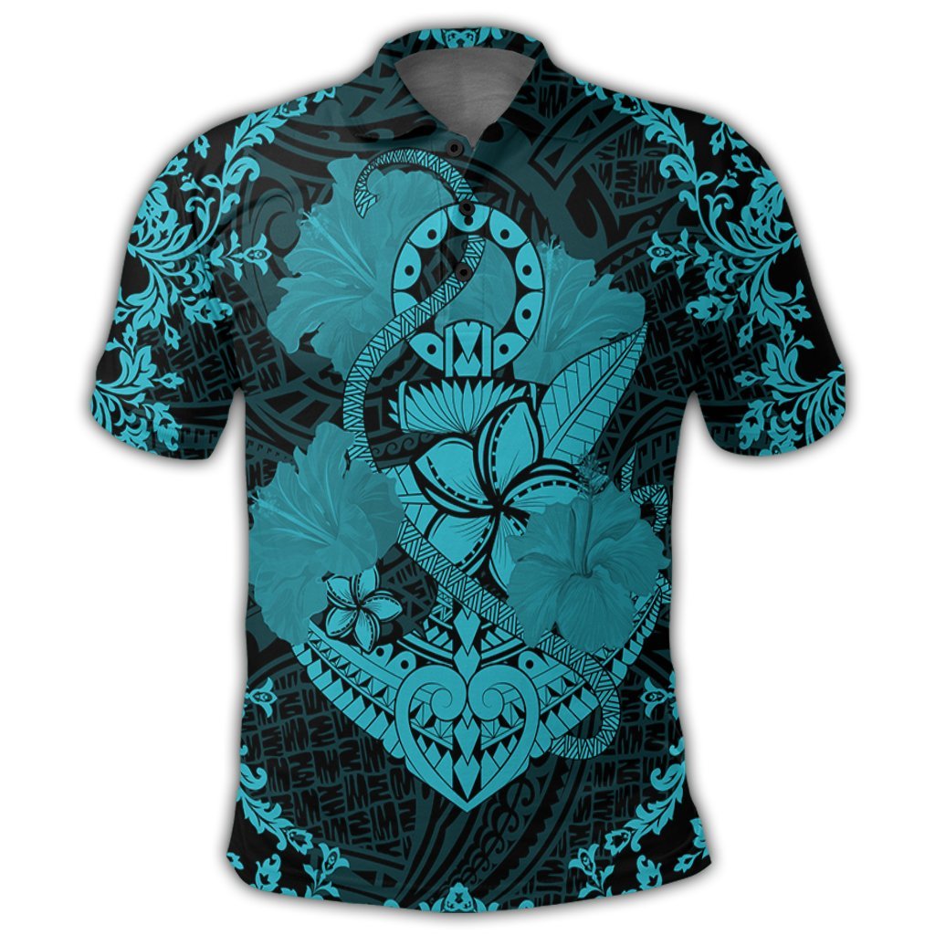 Hawaii Anchor Hibiscus Flower Vintage Polo Shirt Blue - Polynesian Pride