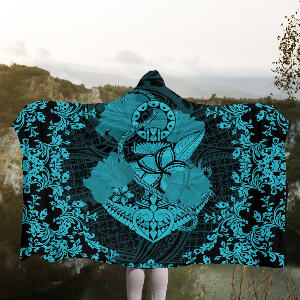 Hawaii Anchor Hibiscus Flower Vintage Hooded Blanket - AH - Blue - Polynesian Pride