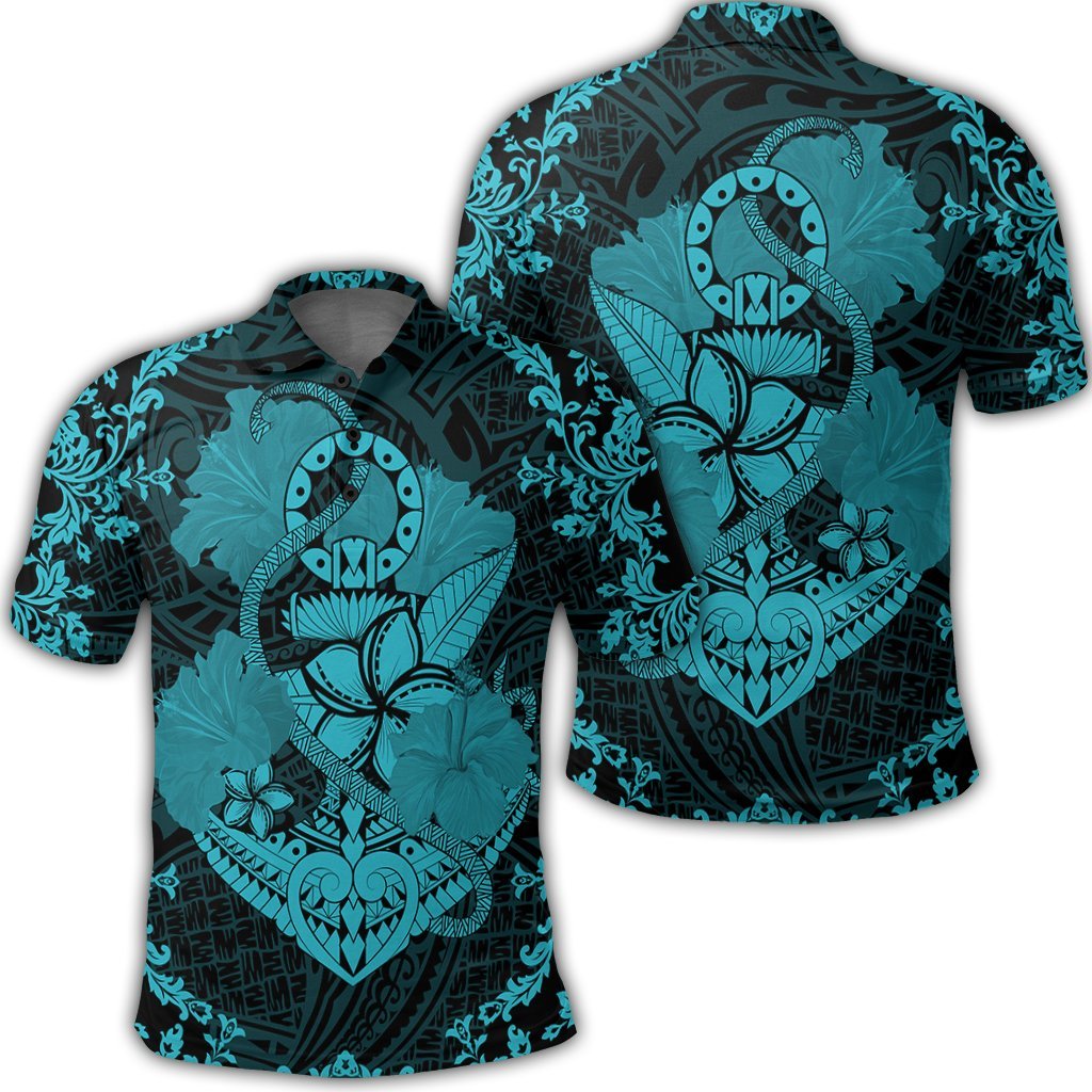 Hawaii Anchor Hibiscus Flower Vintage Polo Shirt Blue Unisex Black - Polynesian Pride