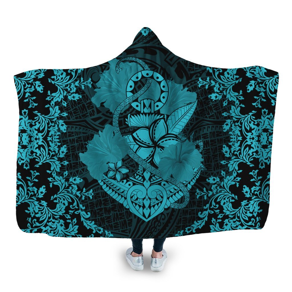 Hawaii Anchor Hibiscus Flower Vintage Hooded Blanket - AH - Blue Hooded Blanket White - Polynesian Pride