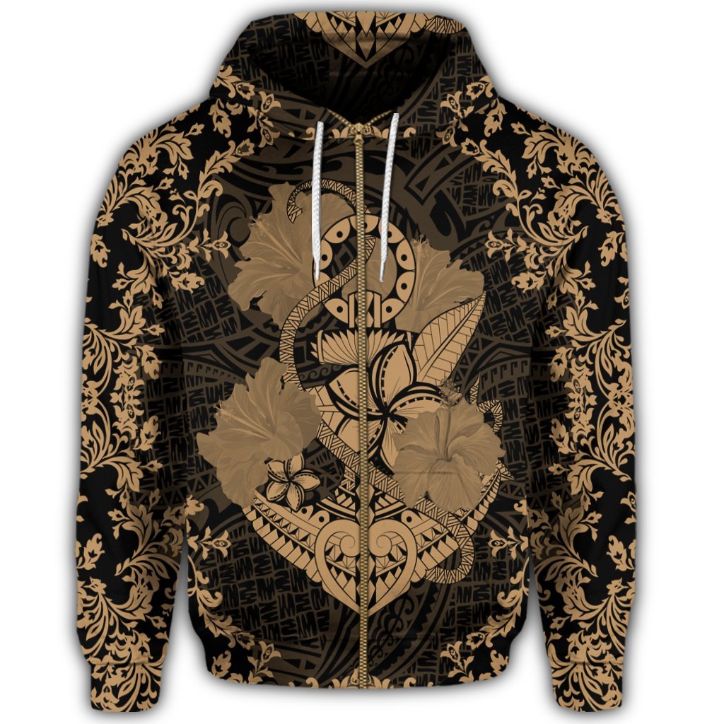 Hawaii Anchor Hibiscus Flower Vintage Zip Hoodie Gold - Polynesian Pride