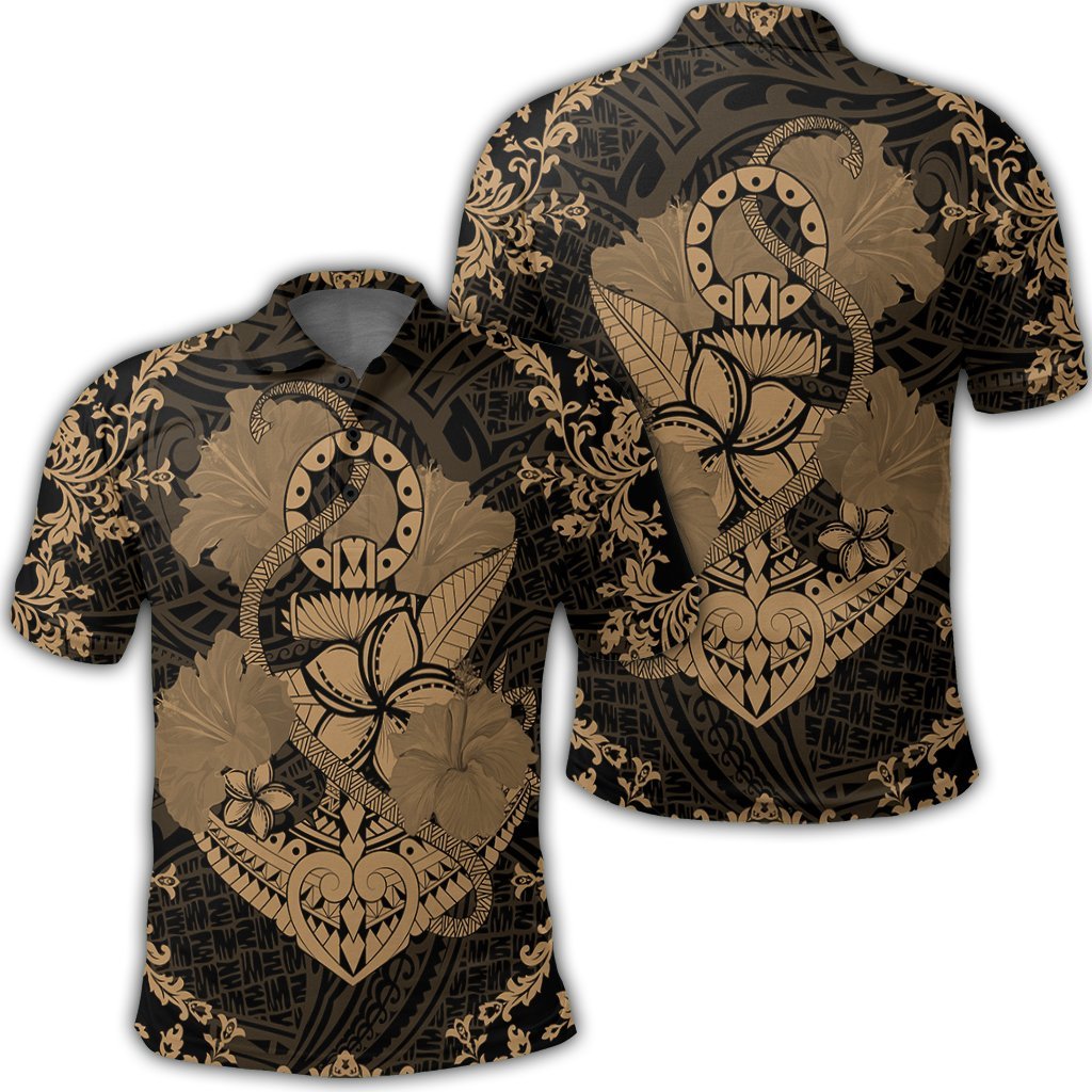 Hawaii Anchor Hibiscus Flower Vintage Polo Shirt Gold Unisex Black - Polynesian Pride