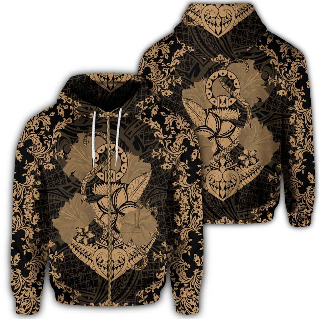 Hawaii Anchor Hibiscus Flower Vintage Zip Hoodie Gold Unisex Art - Polynesian Pride