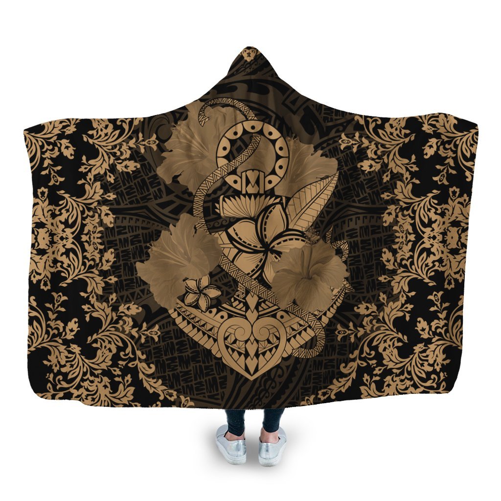 Hawaii Anchor Hibiscus Flower Vintage Hooded Blanket - AH - Gold Hooded Blanket White - Polynesian Pride