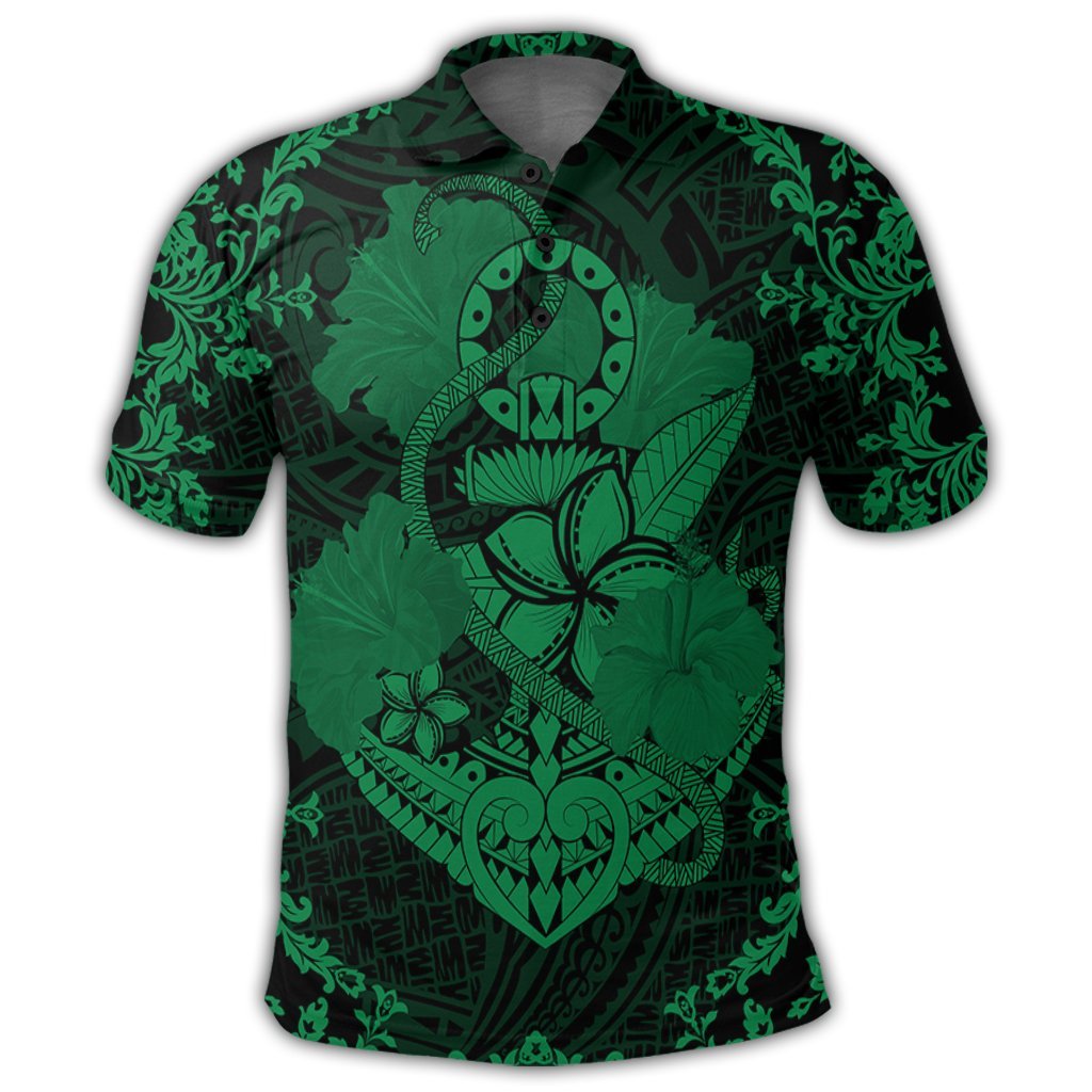 Hawaii Anchor Hibiscus Flower Vintage Polo Shirt Green - Polynesian Pride