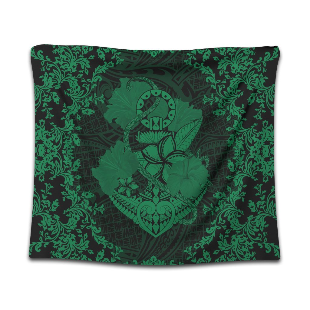 Hawaii Anchor Hibiscus Flower Vintage Tapestry - AH - Green Wall Tapestry Black - Polynesian Pride