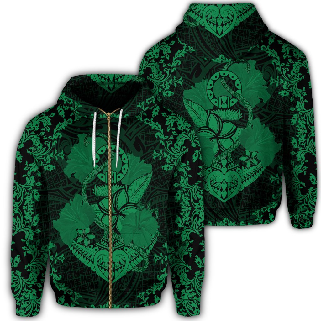 Hawaii Anchor Hibiscus Flower Vintage Zip Hoodie Green Unisex Art - Polynesian Pride