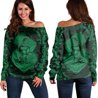 Hawaii Anchor Hibiscus Flower Vintage Women's Off Shoulder Sweater - AH - Green Black - Polynesian Pride