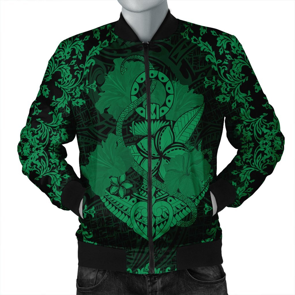 Hawaii Anchor Hibiscus Flower Vintage Bomber Jacket - AH - Green Black Unisex - Polynesian Pride