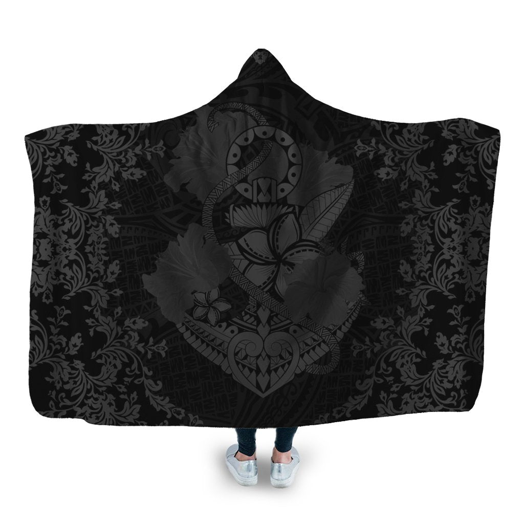 Hawaii Anchor Hibiscus Flower Vintage Hooded Blanket - AH - Grey Hooded Blanket White - Polynesian Pride