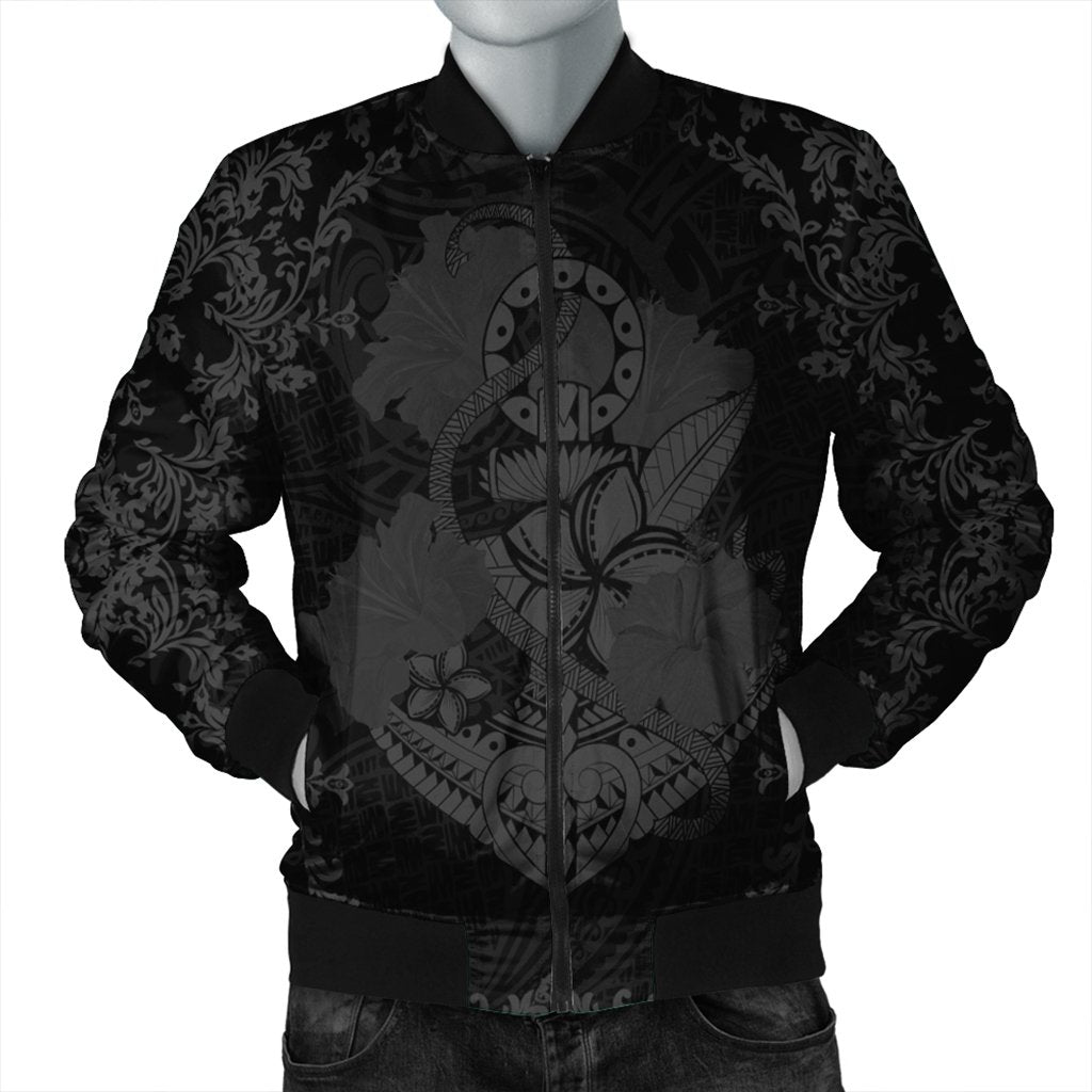 Hawaii Anchor Hibiscus Flower Vintage Bomber Jacket - AH - Grey Black Unisex - Polynesian Pride
