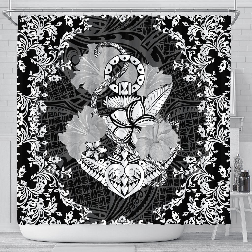 Hawaii Anchor Hibiscus Flower Vintage Shower Curtain - AH 177 x 172 (cm) Black - Polynesian Pride