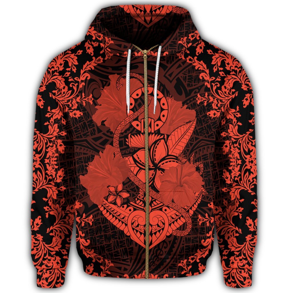 Hawaii Anchor Hibiscus Flower Vintage Zip Hoodie Orange - Polynesian Pride