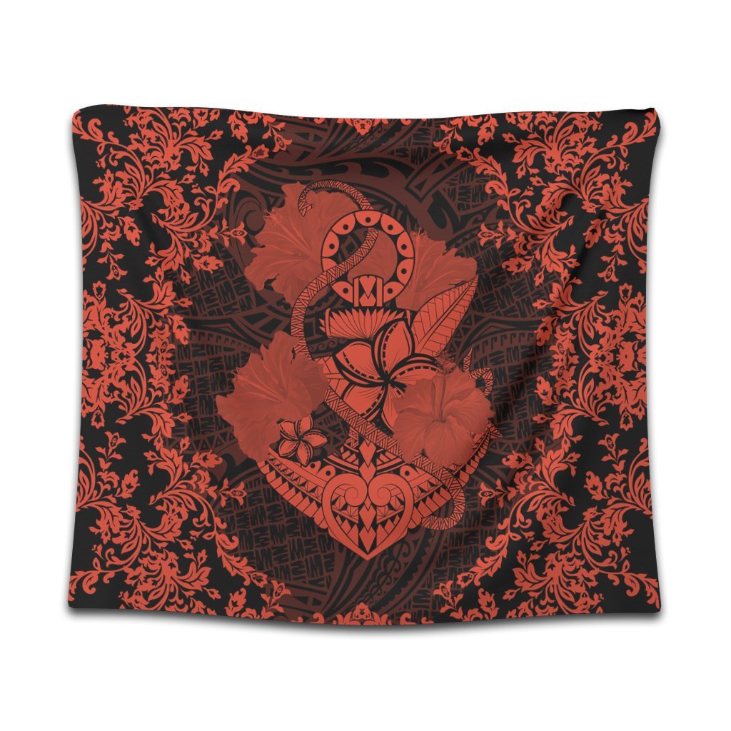 Hawaii Anchor Hibiscus Flower Vintage Tapestry - AH - Orange Wall Tapestry Black - Polynesian Pride