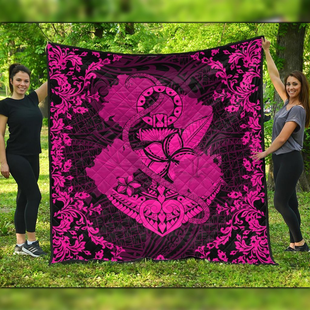 Hawaii Anchor Hibiscus Flower Vintage Premium Quilts - AH - Pink Black - Polynesian Pride