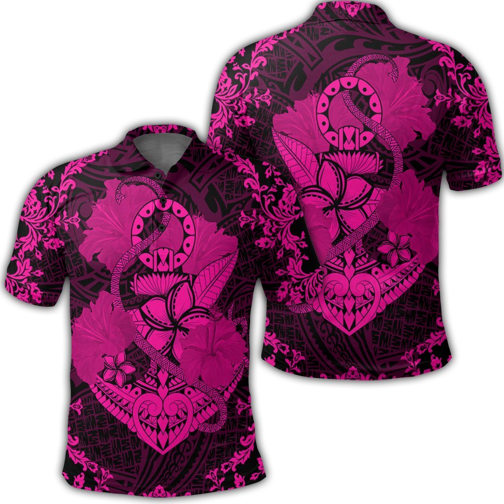 Hawaii Anchor Hibiscus Flower Vintage Polo Shirt Pink Unisex Black - Polynesian Pride
